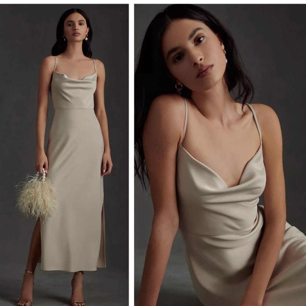 BHLDN Cali Satin Cowl-Neck Midi Slip Dress in Champagne - size 12